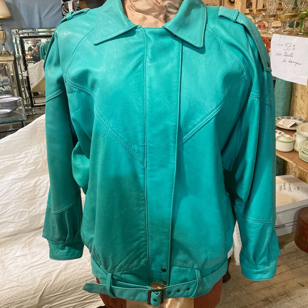 Vtg 1980 padded turquoise leather bat perfecto womens jacket sz 7